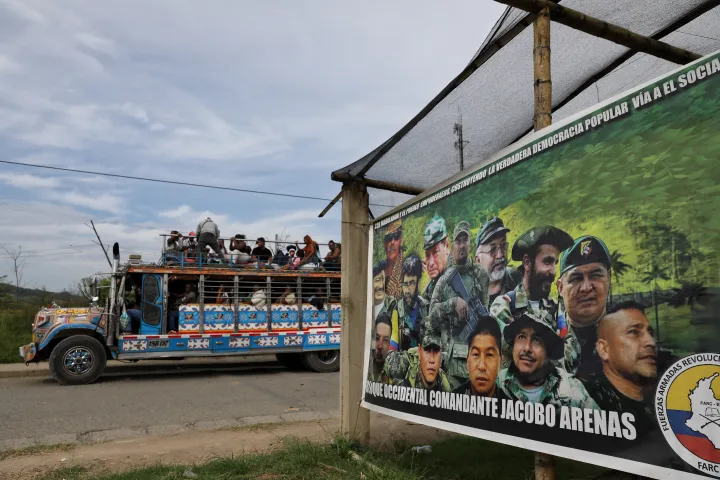 A sign set up by dissidents of the former Revolutionary Armed Forces of Colombia