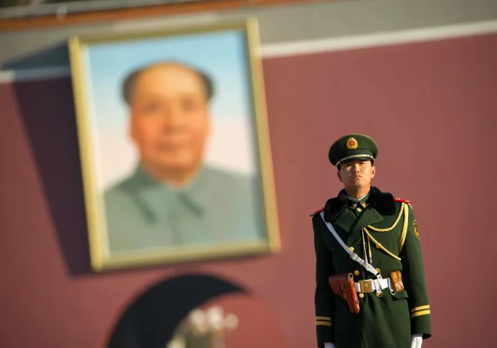 A Chinese soldier stands guard on Tiananmen Square 