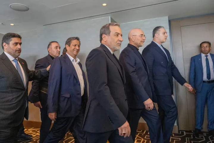 Minister of Foreign Affairs of Iran, Seyyed Abbas Araghchi, 3rd from right, and Speaker of the Islamic Parliament of Iran