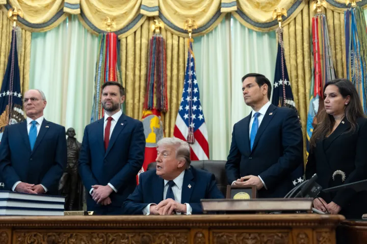 From left, Israeli Ambassador to the U.S. Yechiel Leiter, Vice President JD Vance, Secretary of State Marco Rubio, and Lebanese Ambassador to the U.S. Nada Hamadeh Moawad