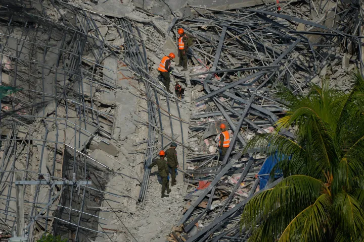 A K9 joins rescuers as they continue search operations 