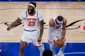 New York Knicks center Mitchell Robinson (23) and guard Josh Hart (3) celebrate after Game 4